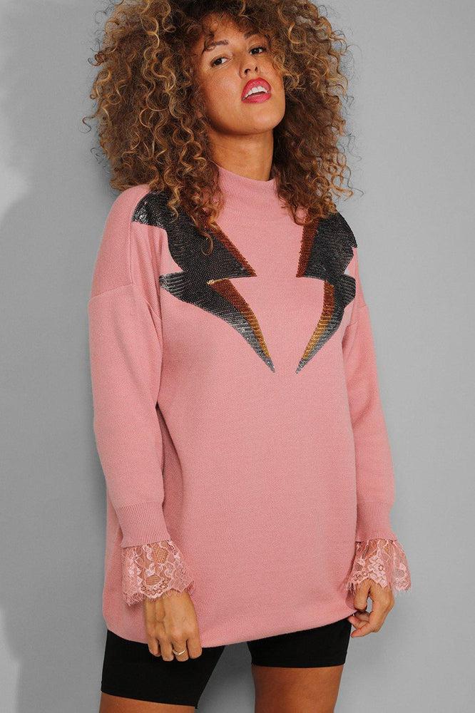 Pink Sequinned Lightning Lace Sleeve Trim Soft Knit Pullover-SinglePrice