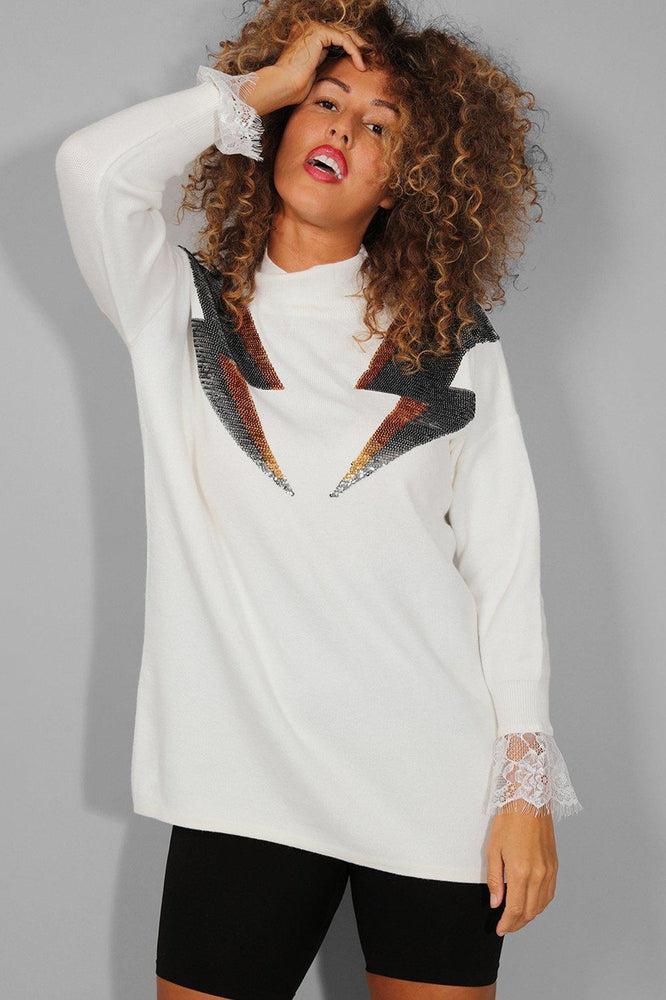White Sequinned Lightning Lace Sleeve Trim Soft Knit Pullover-SinglePrice