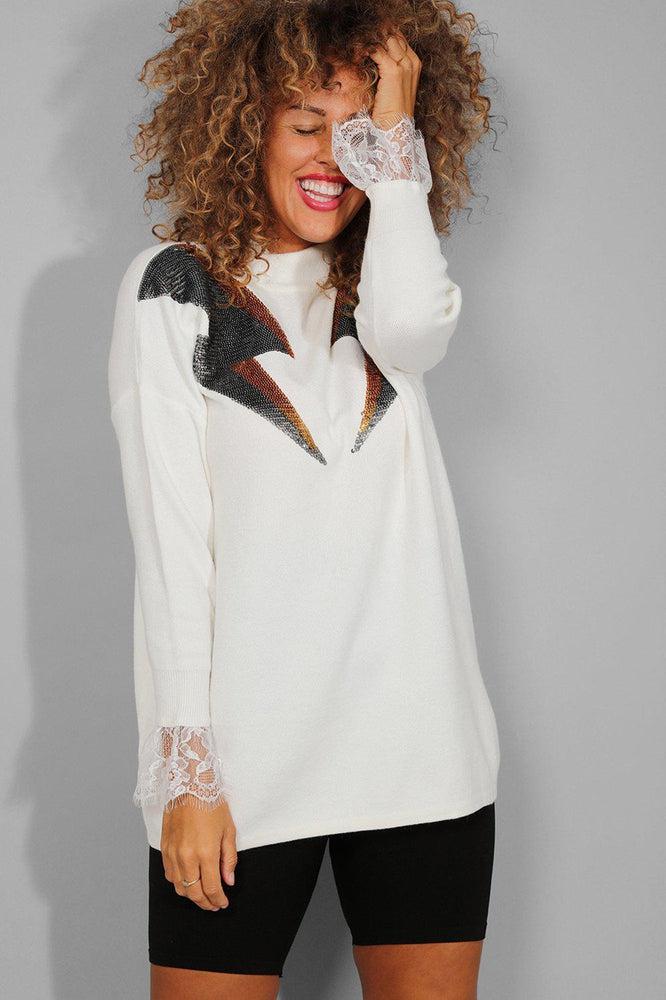 White Sequinned Lightning Lace Sleeve Trim Soft Knit Pullover-SinglePrice