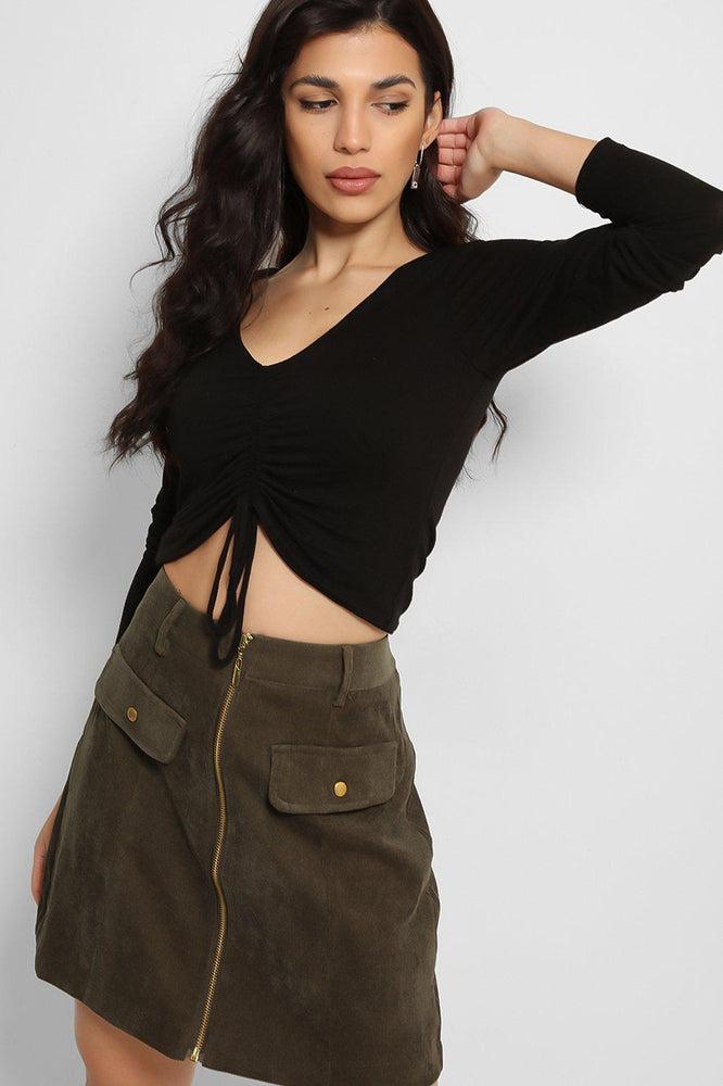 Khaki Zip Front Mini Corduroy Skirt-SinglePrice