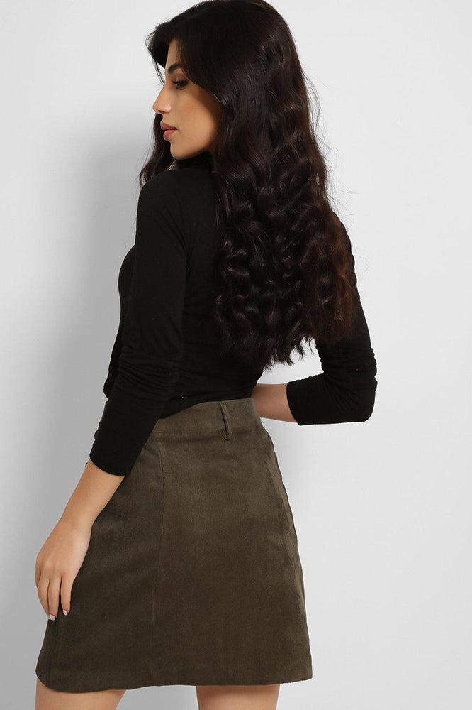 Khaki Zip Front Mini Corduroy Skirt-SinglePrice