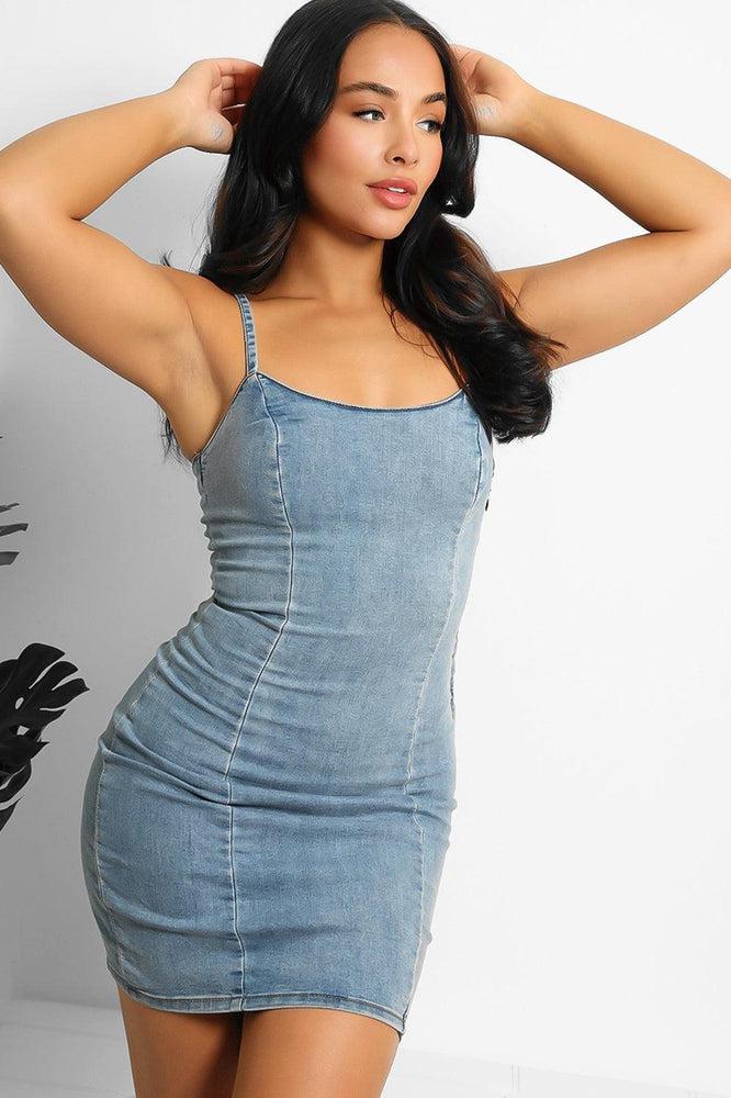 Blue Stretchy Denim Cami Bodycon Dress-SinglePrice