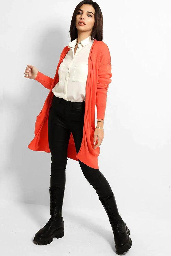 Coral Thin Knit Slip Pockets Midi Cardigan-SinglePrice