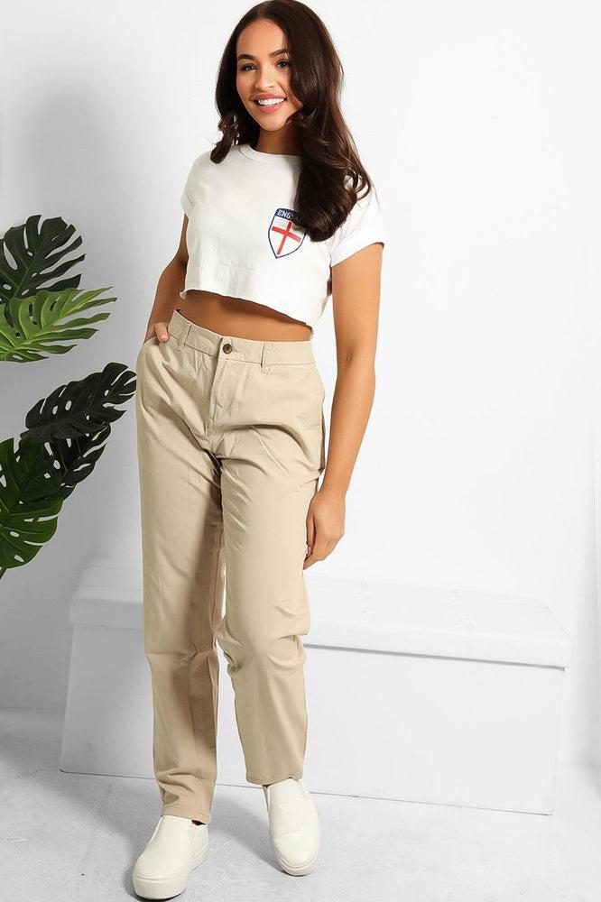 Beige Faux Button Pockets To Back Slacks-SinglePrice