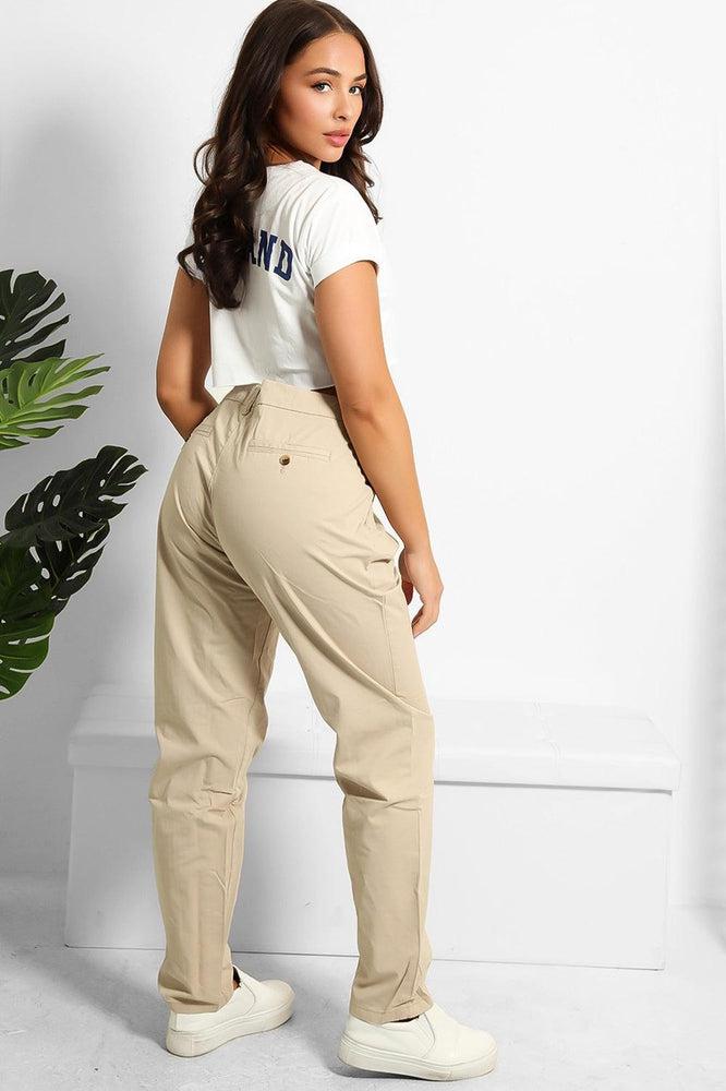 Beige Faux Button Pockets To Back Slacks-SinglePrice