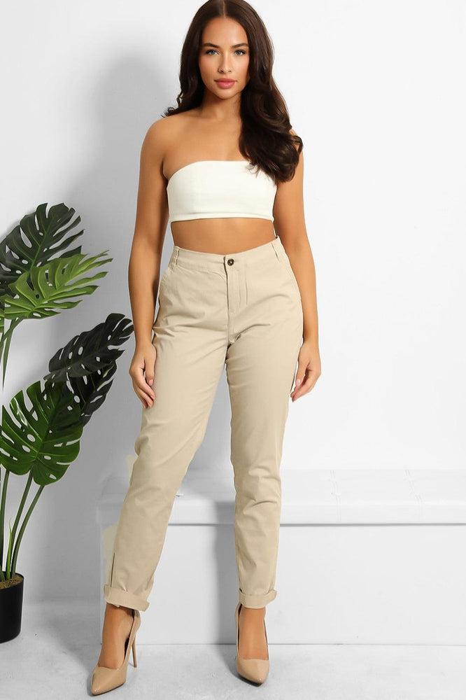 Beige Cotton Blend Rolled Up Hem Slacks-SinglePrice