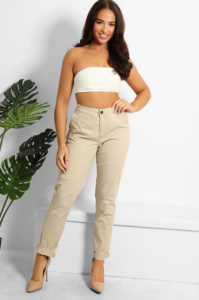 Beige Cotton Blend Rolled Up Hem Slacks-SinglePrice