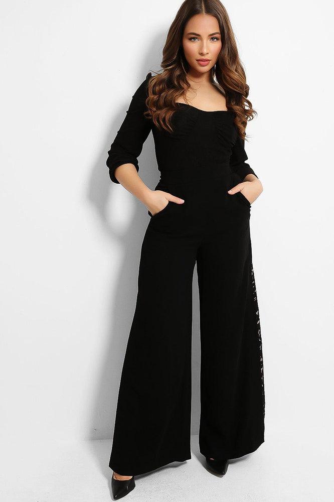 Black Lace Inserts Wide Leg Trousers-SinglePrice