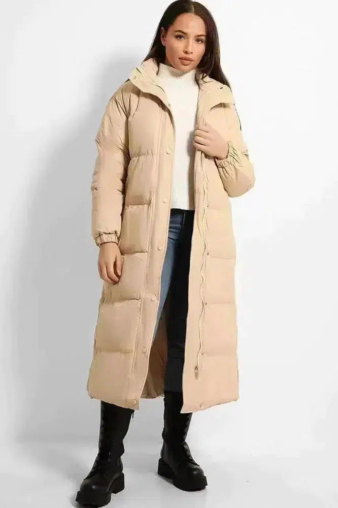 High Neck Quilted Opening Sides Midi Puffer Parker Jacket-SinglePrice