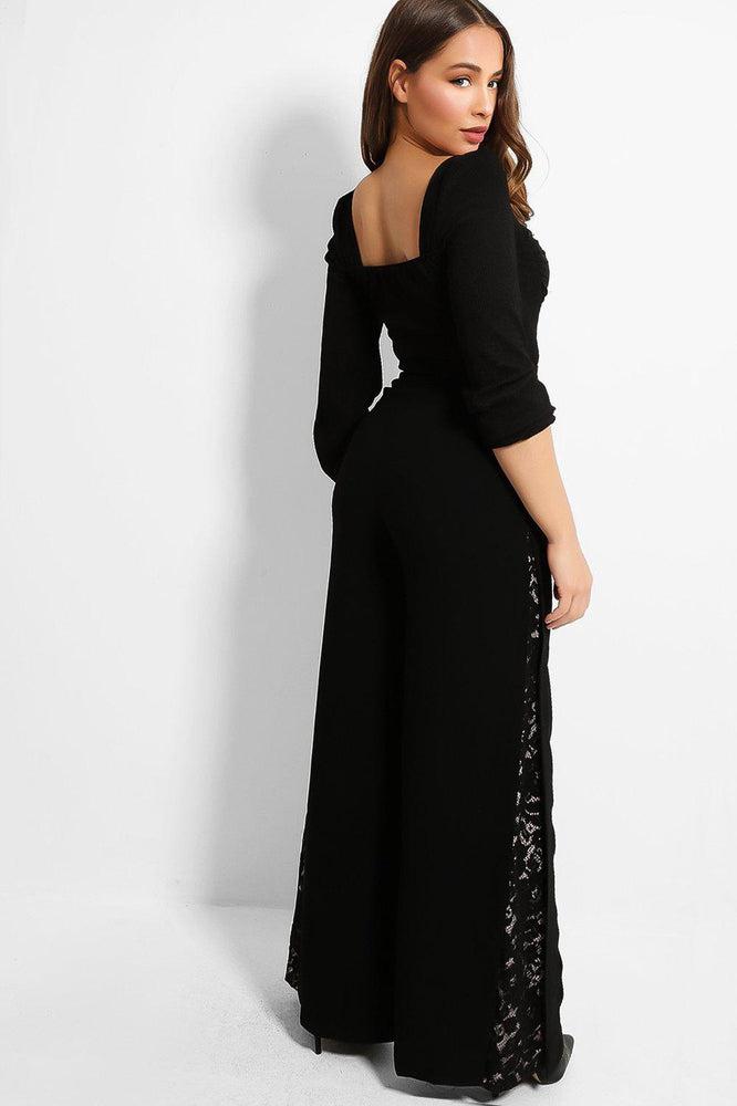 Black Lace Inserts Wide Leg Trousers-SinglePrice