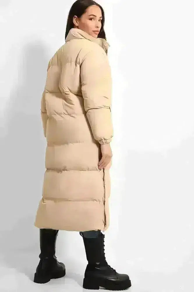 High Neck Quilted Opening Sides Midi Puffer Parker Jacket-SinglePrice