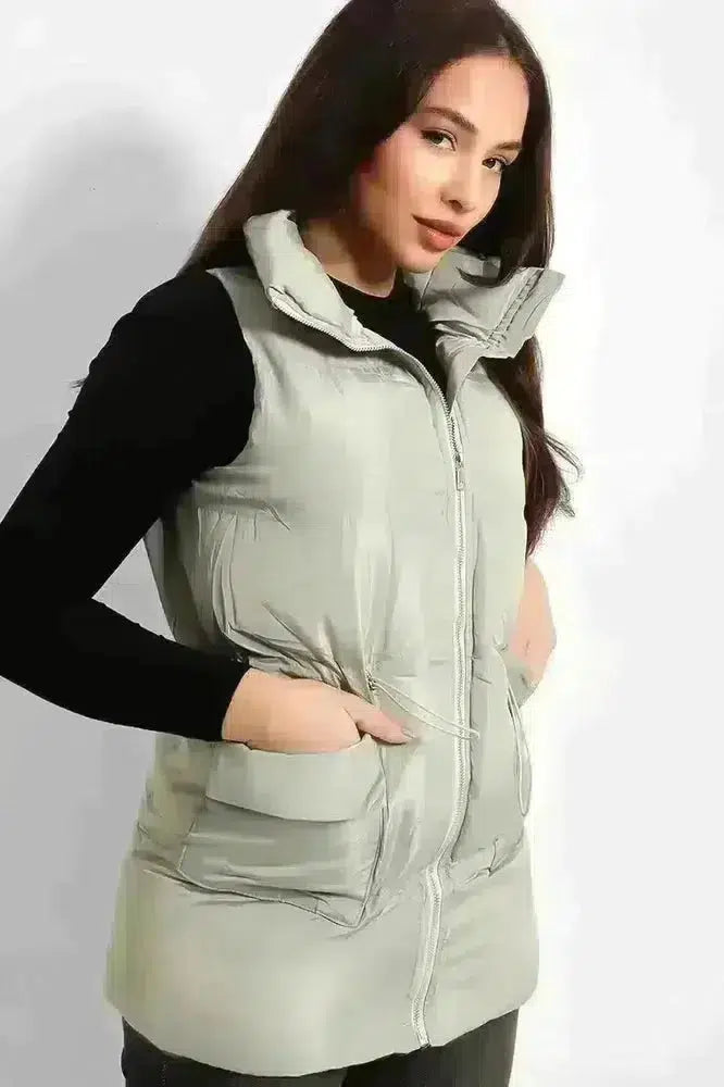 High Neck Pocketed Front Medium Puffer Gilet-SinglePrice