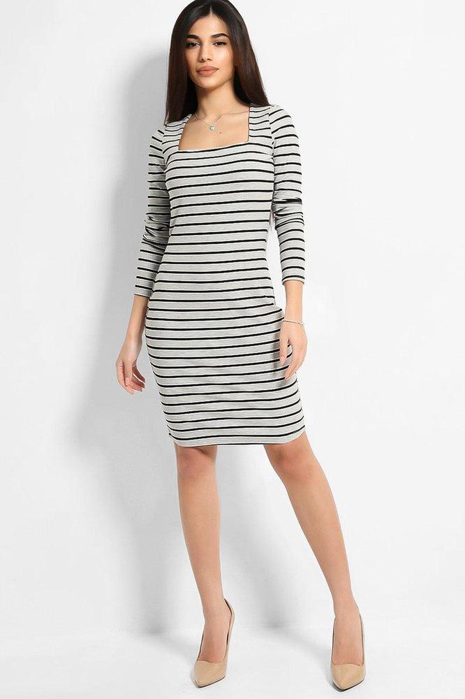 Grey Square Neckline Stripy Dress-SinglePrice