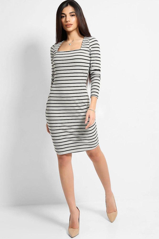 Grey Square Neckline Stripy Dress-SinglePrice