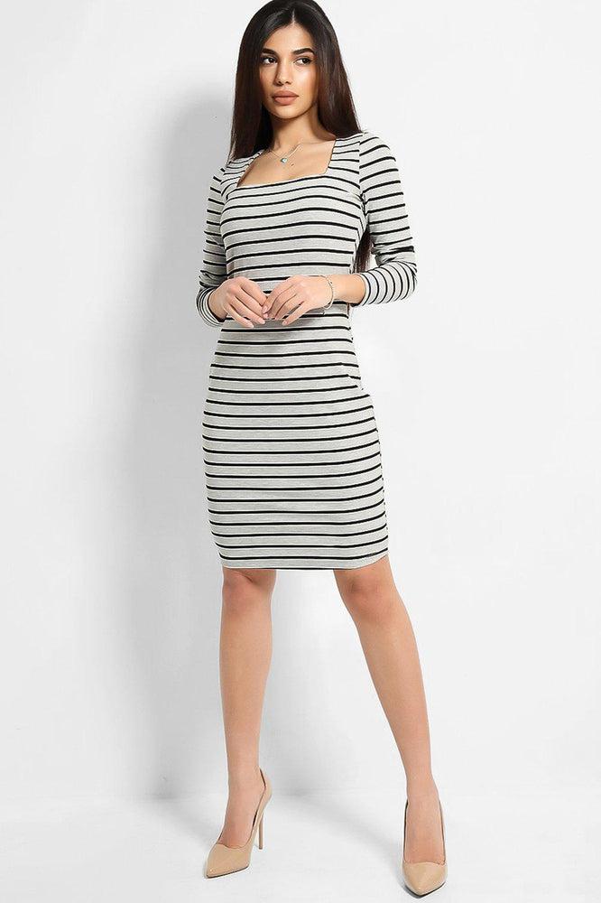 Grey Square Neckline Stripy Dress-SinglePrice