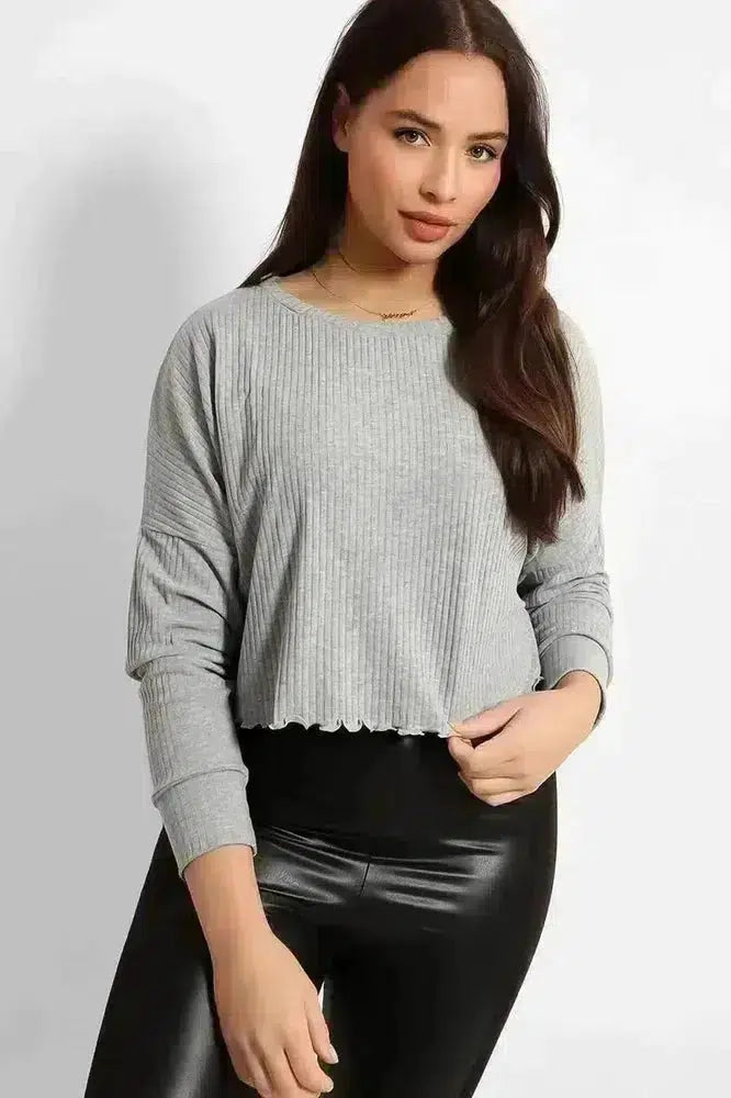 Grey Cropped Ribbed Pullover-SinglePrice