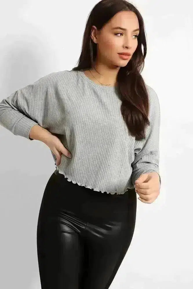 Grey Cropped Ribbed Pullover-SinglePrice