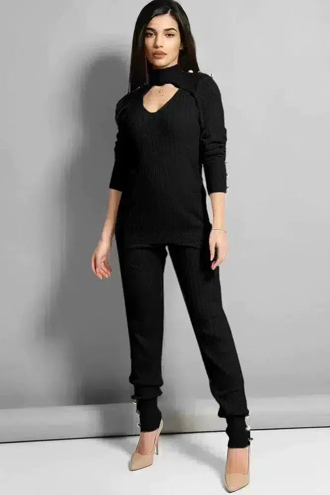 Black Button Details Cut Out Neckline Knitted Lounge Set-SinglePrice