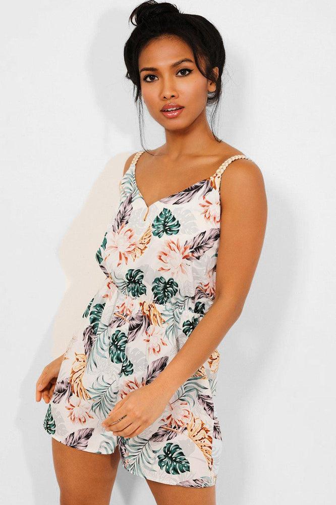 White Tropical Print Cami Playsuit-SinglePrice