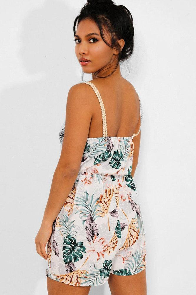 White Tropical Print Cami Playsuit-SinglePrice