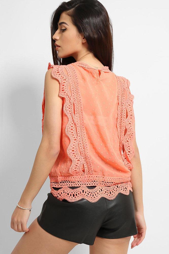 Coral Dobby Mesh Crochet Lace Trims Blouse-SinglePrice