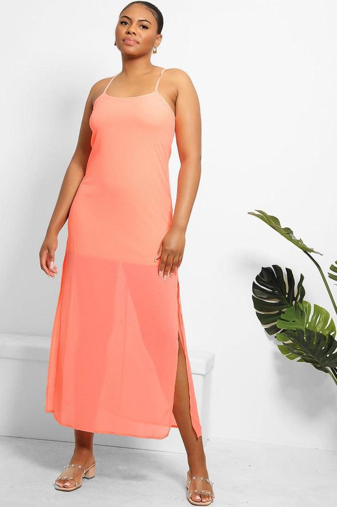 Neon Pink Split Sides Midi Cami Dress-SinglePrice