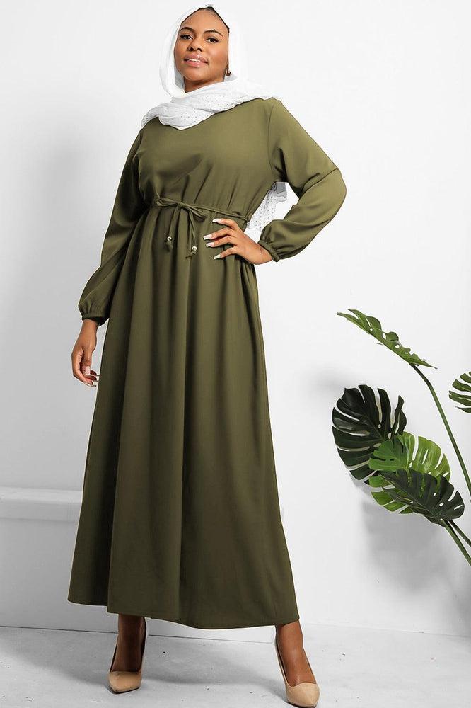 Colour Block Balloon Sleeves Modest Dress-SinglePrice