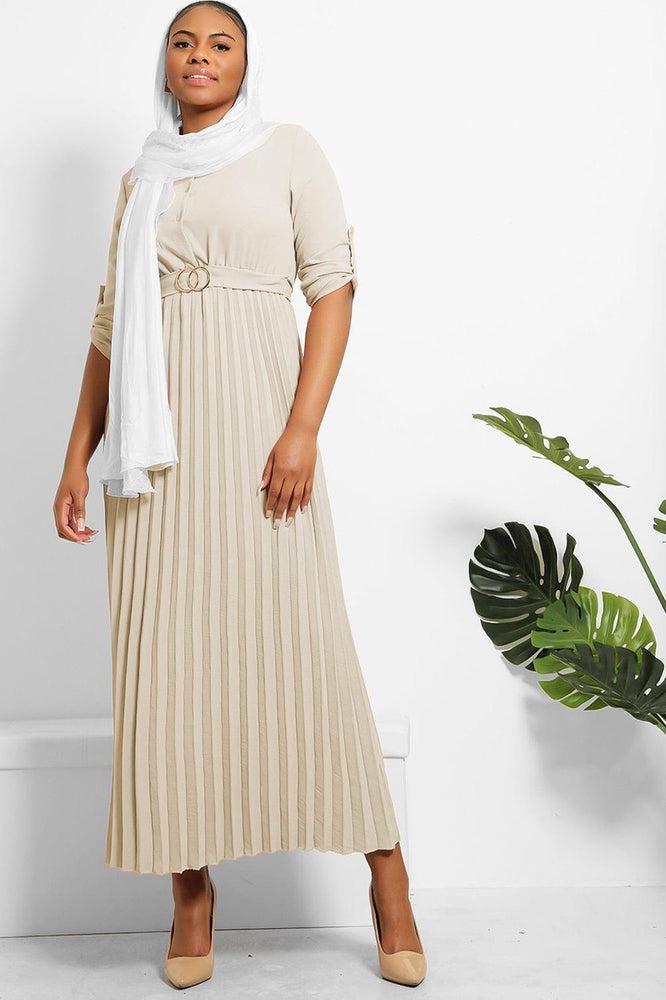 Pleated Skirt Logo Belt Buttoned Modest Dress-SinglePrice