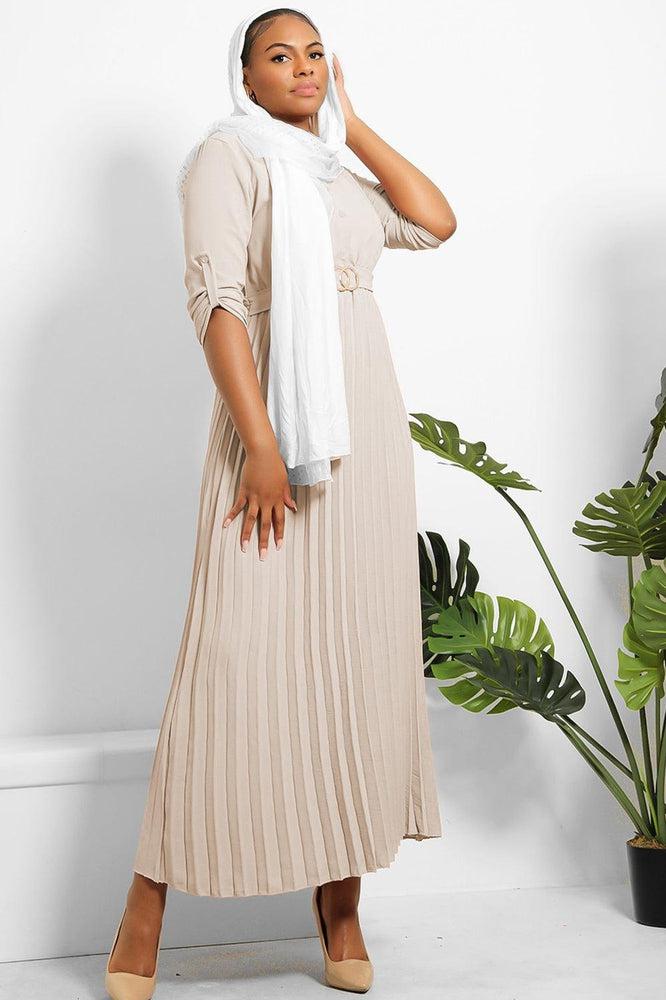 Pleated Skirt Logo Belt Buttoned Modest Dress-SinglePrice