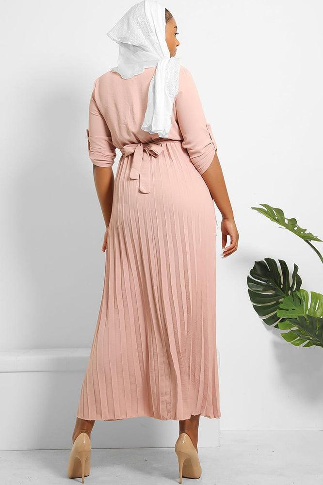 Pleated Skirt Logo Belt Buttoned Modest Dress-SinglePrice