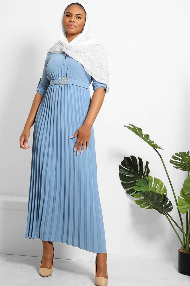 Pleated Skirt Logo Belt Buttoned Modest Dress-SinglePrice