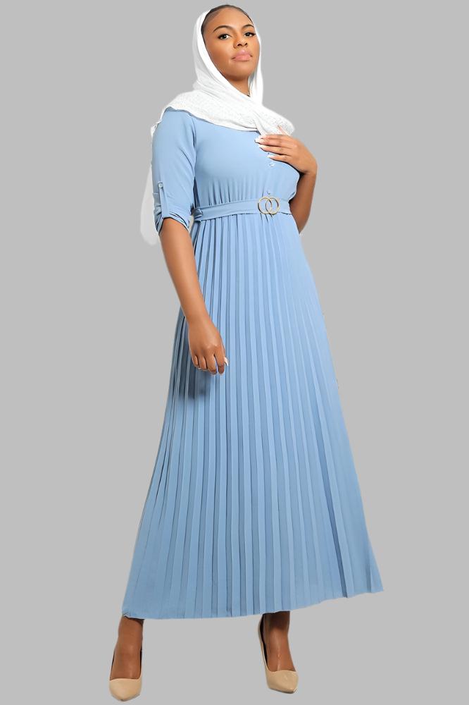 Pleated Skirt Logo Belt Buttoned Modest Dress-SinglePrice