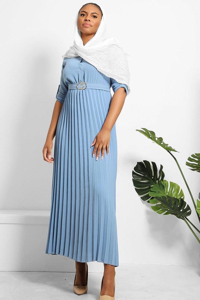 Pleated Skirt Logo Belt Buttoned Modest Dress-SinglePrice