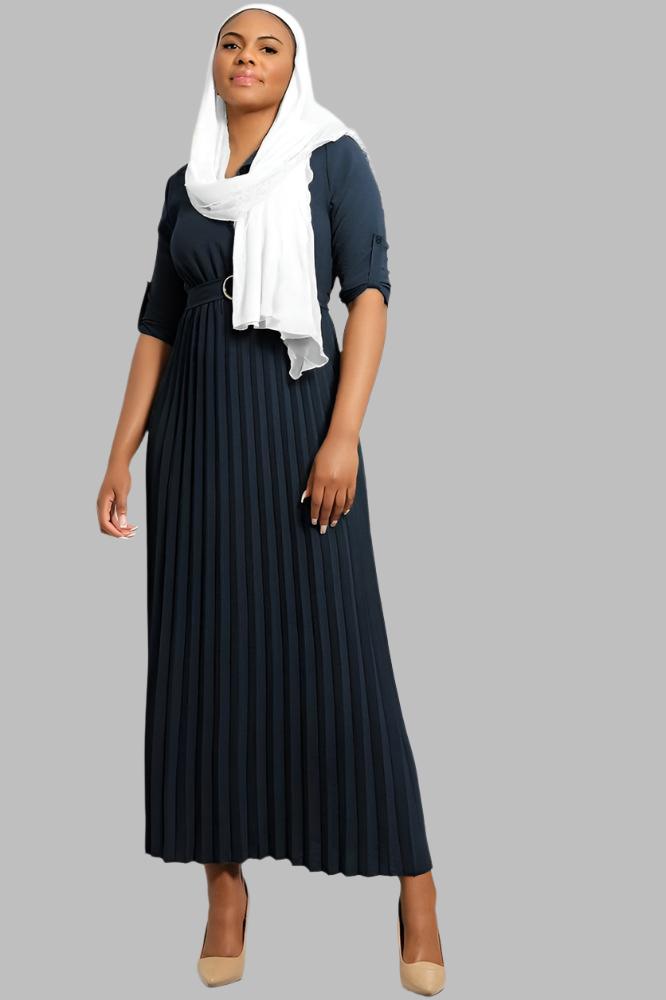 Pleated Skirt Logo Belt Buttoned Modest Dress-SinglePrice