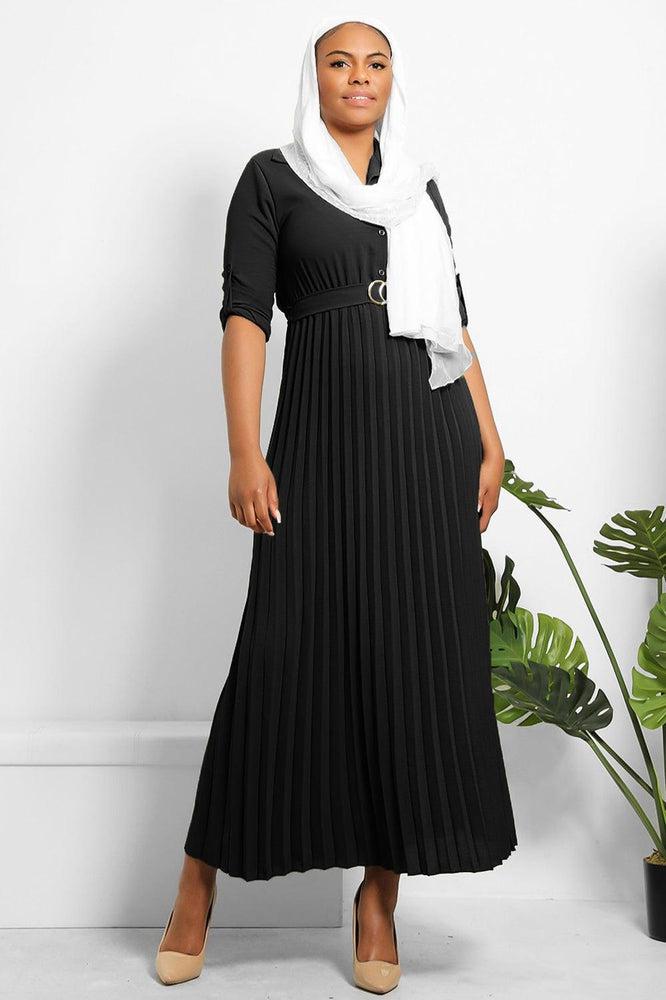 Pleated Skirt Logo Belt Buttoned Modest Dress-SinglePrice