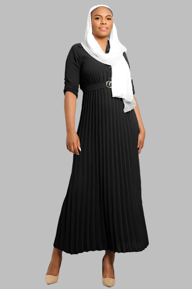 Pleated Skirt Logo Belt Buttoned Modest Dress-SinglePrice