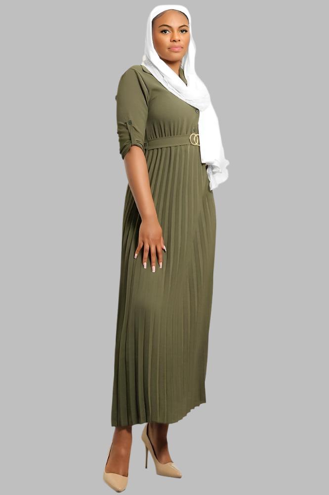 Pleated Skirt Logo Belt Buttoned Modest Dress-SinglePrice