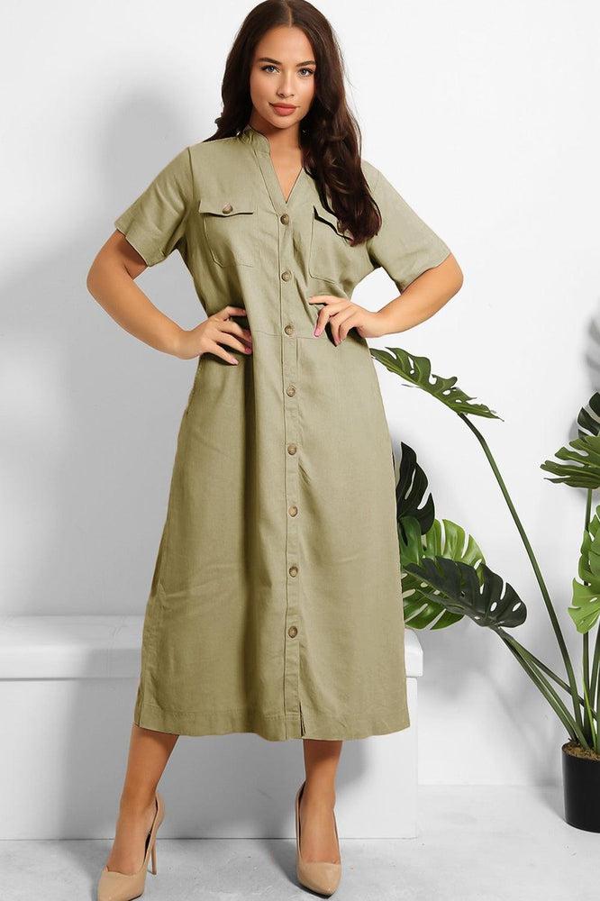 Buttoned Down Midi Linen Blend Shirt Dress-SinglePrice
