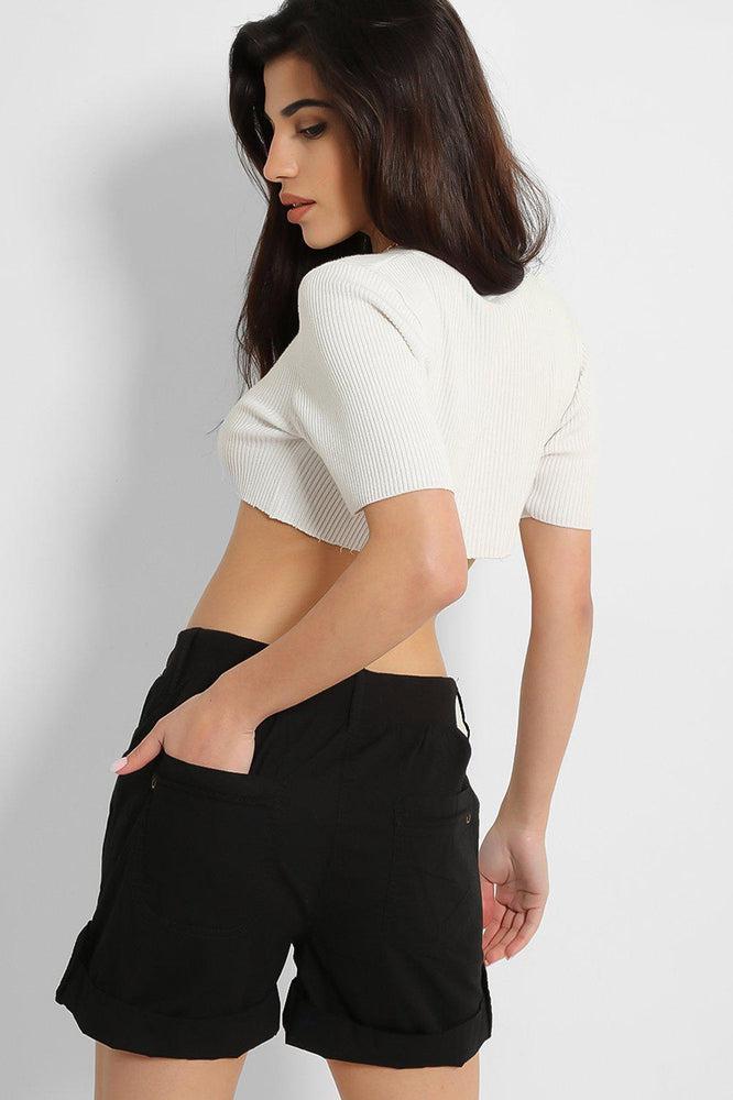 Black Drawstring Waist Roll Hem City Hotpants-SinglePrice