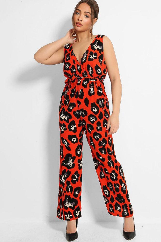 Red Black Leopard Print Sleeveless Jumpsuit-SinglePrice