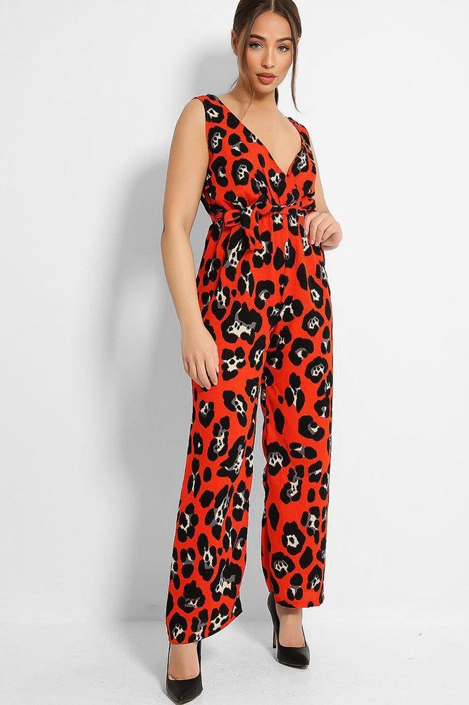 Red Black Leopard Print Sleeveless Jumpsuit-SinglePrice