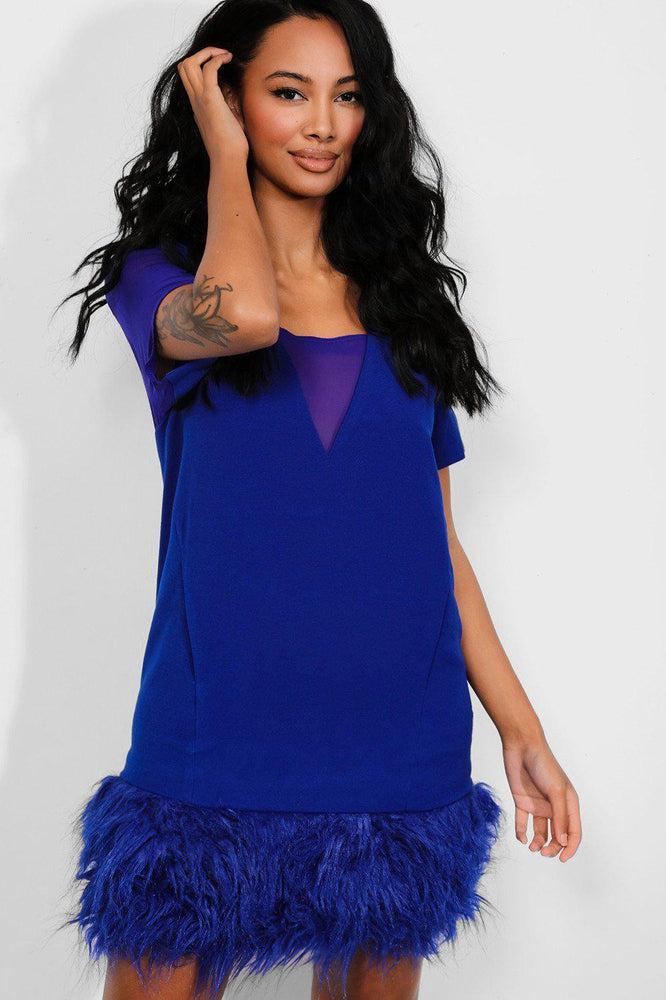 Royal Blue Mesh V-Neck Faux Fur Trim Dress-SinglePrice