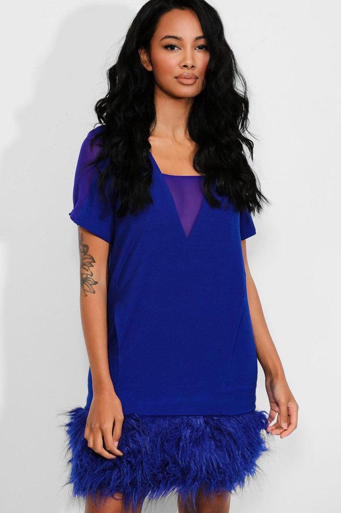 Royal Blue Mesh V-Neck Faux Fur Trim Dress-SinglePrice