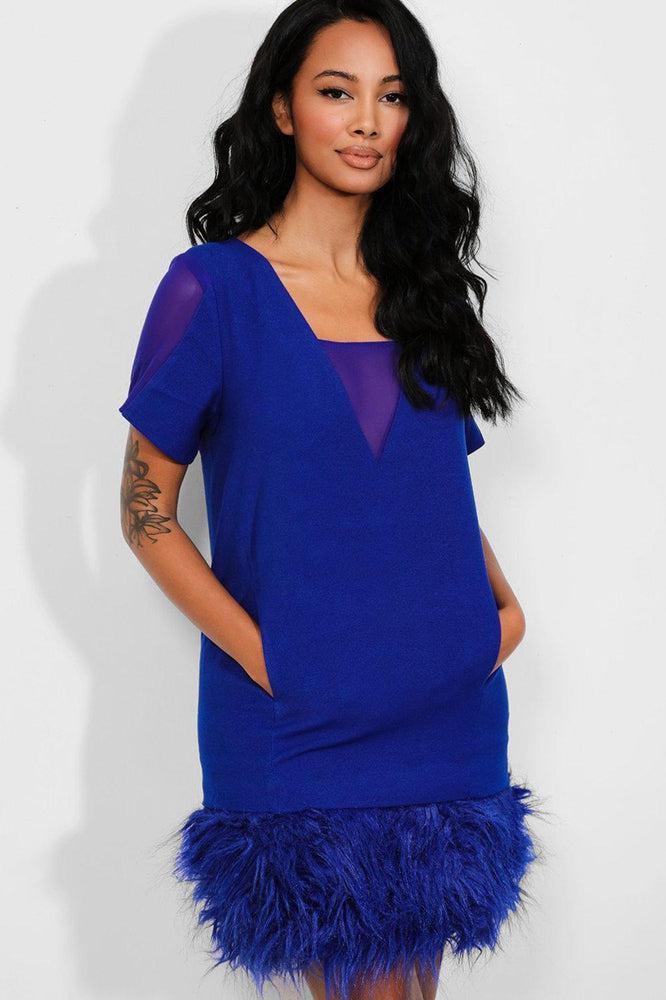 Royal Blue Mesh V-Neck Faux Fur Trim Dress-SinglePrice