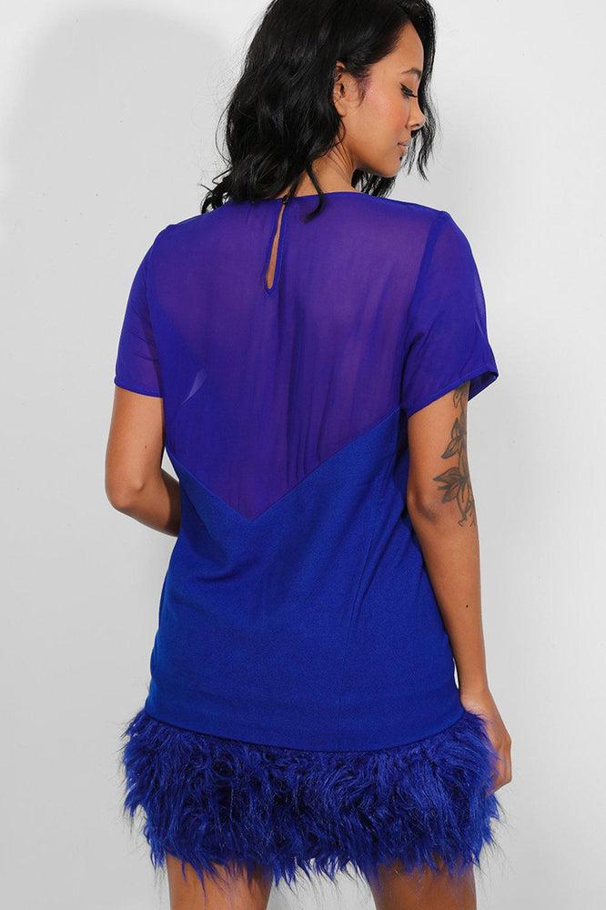 Royal Blue Mesh V-Neck Faux Fur Trim Dress-SinglePrice