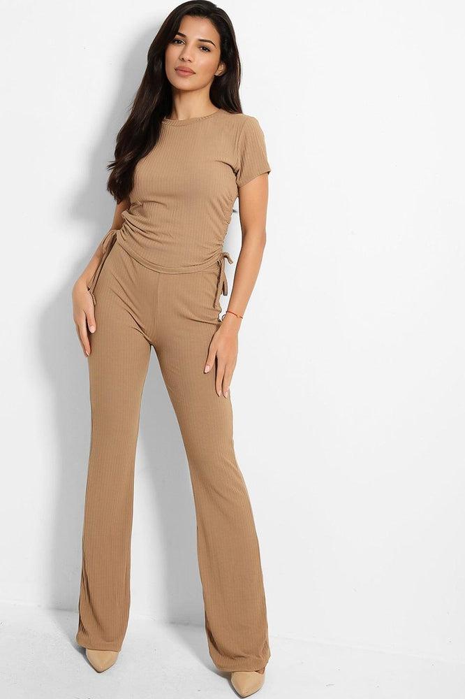 Drawstring Sides Short Sleeve Top And Trouser Ribbed Jersey Set-SinglePrice