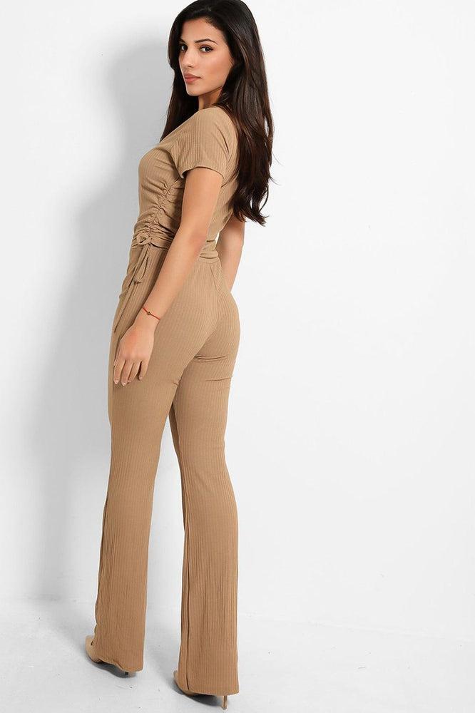 Drawstring Sides Short Sleeve Top And Trouser Ribbed Jersey Set-SinglePrice