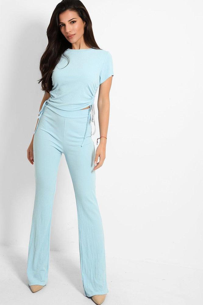 Drawstring Sides Short Sleeve Top And Trouser Ribbed Jersey Set-SinglePrice