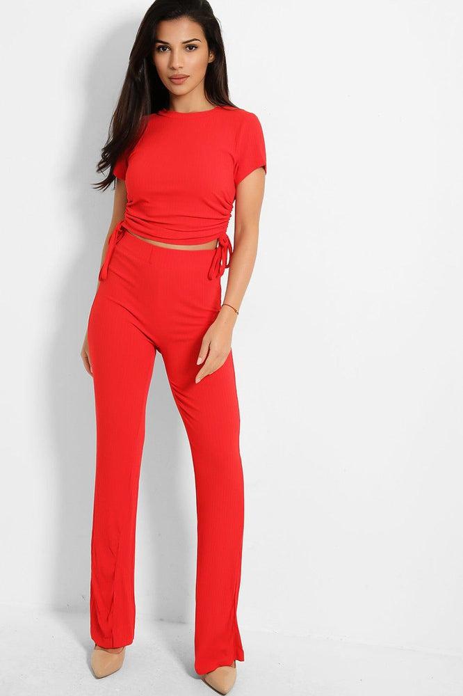 Drawstring Sides Short Sleeve Top And Trouser Ribbed Jersey Set-SinglePrice