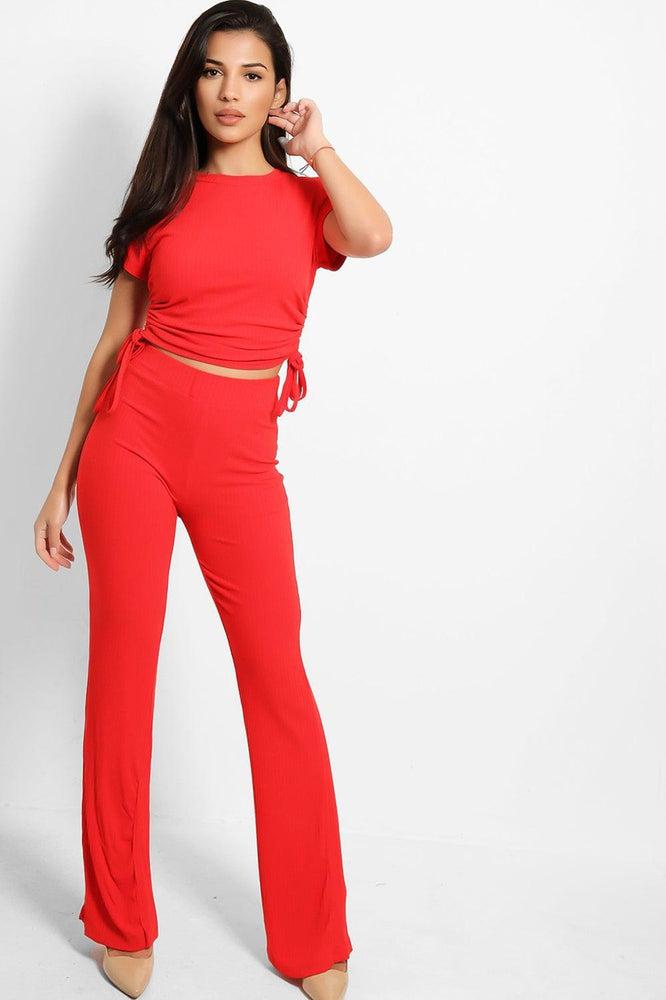 Drawstring Sides Short Sleeve Top And Trouser Ribbed Jersey Set-SinglePrice